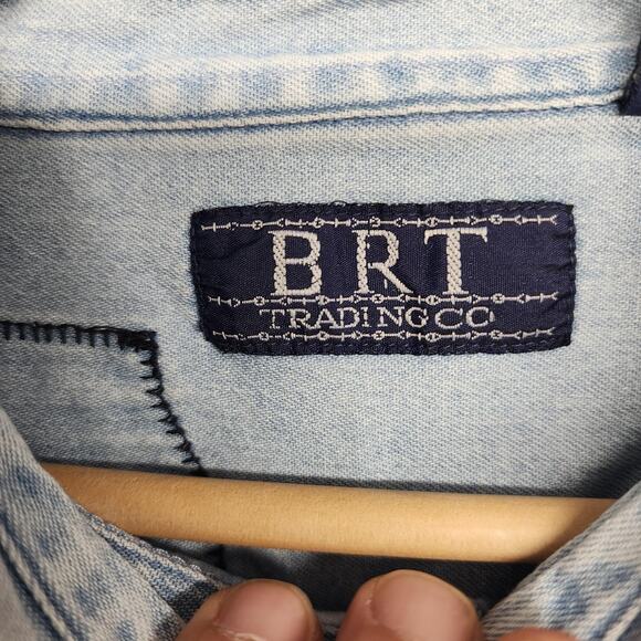 Vintage Women Denim Shirt 3X Patchwork Applique Chambray Country Cottage Folk - Picture 3 of 16